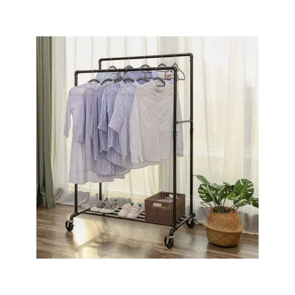 Portant Double Métal Noir Portemanteau avec Etagère Chaussures