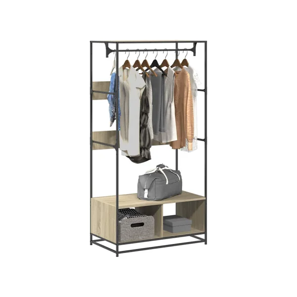 Portant à Vêtements Chêne avec Tringle Etagère et Casier Rangement Meuble d'Entrée Meuble à Chaussures