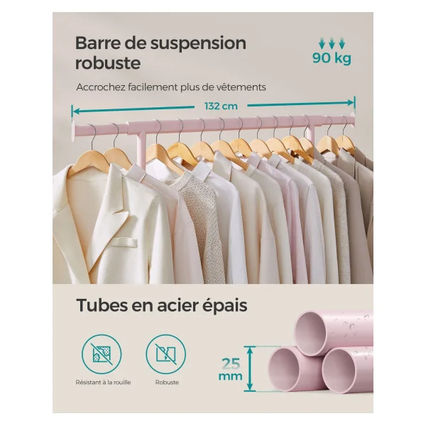 Portant à Vêtements Mobile Rose Bonbon Charge 90 kg