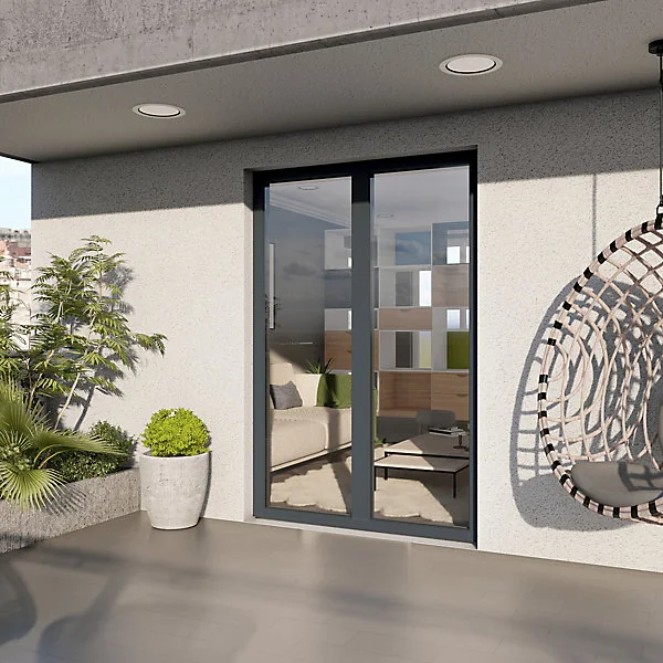 Porte fenêtre aluminium 2 vantaux GoodHome gris - l.140 x h.215 cm, tirant droit
