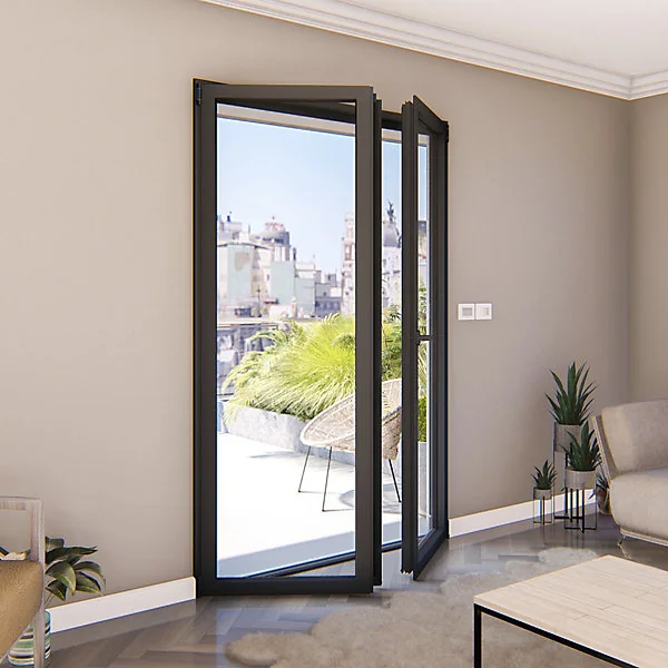 Porte fenêtre aluminium 2 vantaux GoodHome gris - l.140 x h.215 cm, tirant droit
