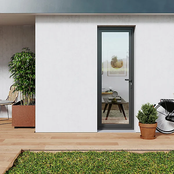 Porte fenêtre PVC 1 vantail tirant GoodHome gris - l.80 x h.215 cm, tirant droit