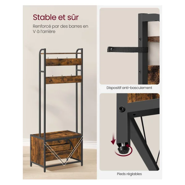 Porte Manteaux Marron Rustique et Noir Meuble d’Entrée Rangement Chaussure avec Banc