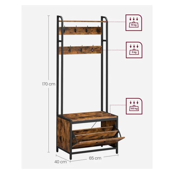 Porte Manteaux Marron Rustique et Noir Meuble d’Entrée Rangement Chaussure avec Banc