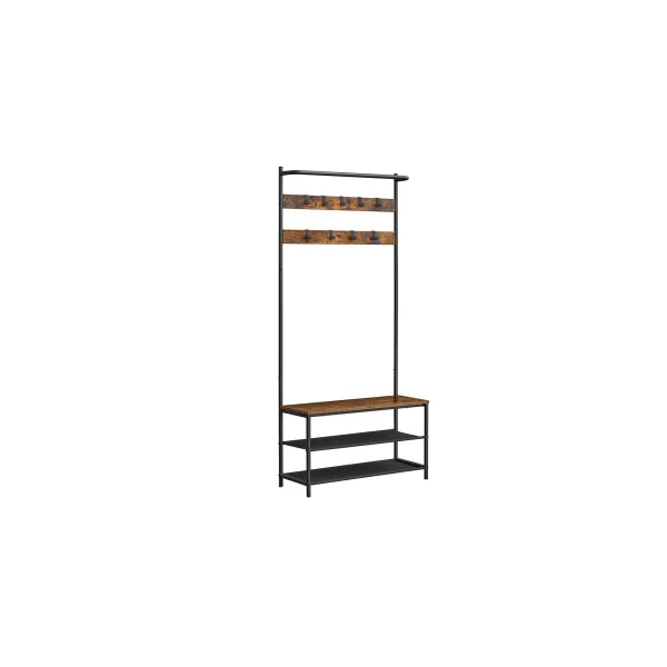 Porte Manteaux Meuble d'Entrée avec Banc à Chaussure Industriel Marron Rustique Noir