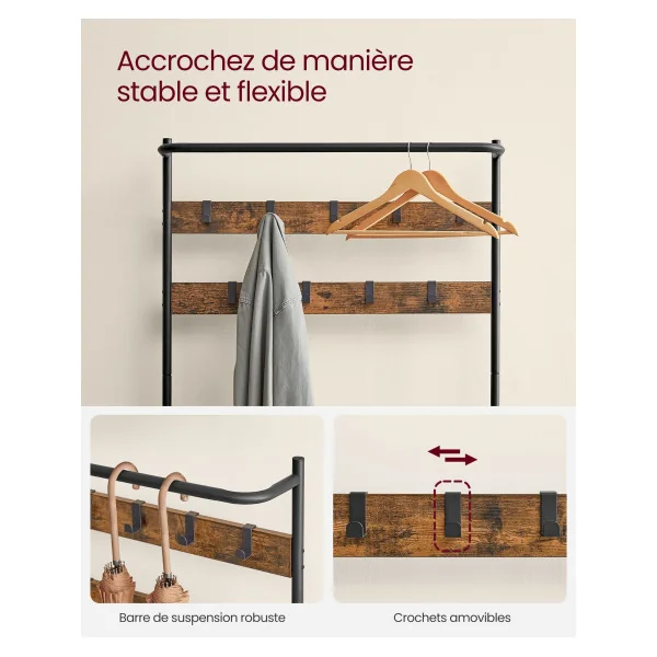 Porte Manteaux Meuble d'Entrée avec Banc à Chaussure Industriel Marron Rustique Noir