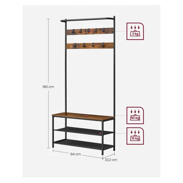 Porte Manteaux Meuble d'Entrée avec Banc à Chaussure Industriel Marron Rustique Noir