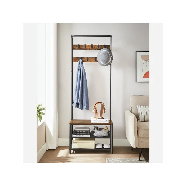 Porte Manteaux Meuble d'Entrée Marron Rustique Noir Industriel Banc Chaussures Rangement 2 Niveaux