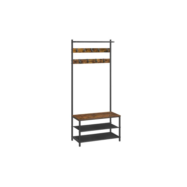 Porte Manteaux Meuble d'Entrée Marron Rustique Noir Industriel Banc Chaussures Rangement 2 Niveaux