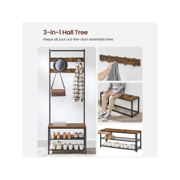 Porte Manteaux Meuble d'Entrée Marron Rustique Noir Industriel Banc Chaussures Rangement 2 Niveaux