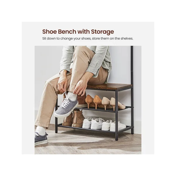 Porte Manteaux Meuble d'Entrée Marron Rustique Noir Industriel Banc Chaussures Rangement 2 Niveaux