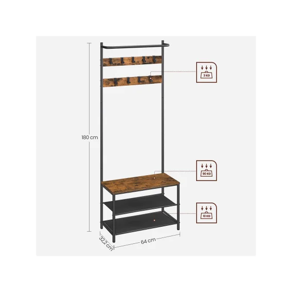 Porte Manteaux Meuble d'Entrée Marron Rustique Noir Industriel Banc Chaussures Rangement 2 Niveaux