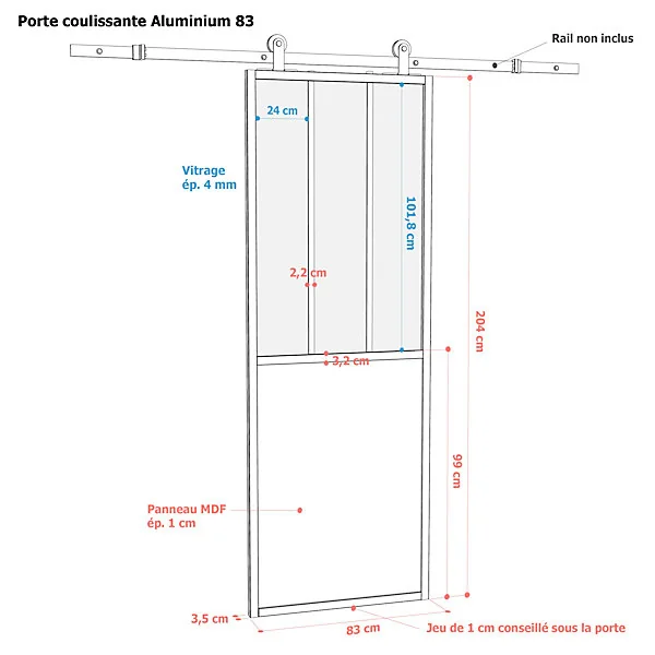 Porte seule en aluminium 3 carreaux vitrés transparents, coloris noir mat H.204 x l.83cm
