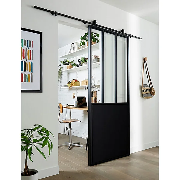 Porte seule en aluminium 3 carreaux vitrés transparents, coloris noir mat H.204 x l.83cm