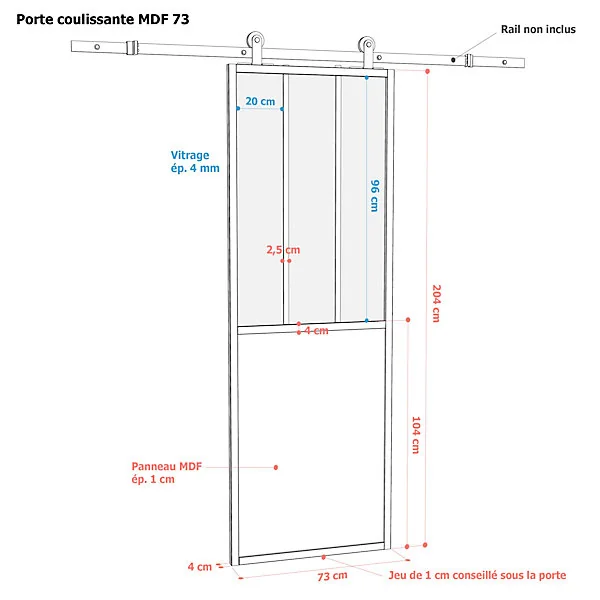 Porte seule en MDF, 3 carreaux vitrés transparents, coloris noir mat H.204 x l.73cm