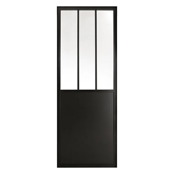 Porte seule en MDF, 3 carreaux vitrés transparents, coloris noir mat H.204 x l.83cm