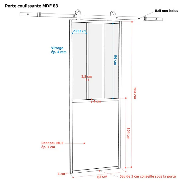 Porte seule en MDF, 3 carreaux vitrés transparents, coloris noir mat H.204 x l.83cm