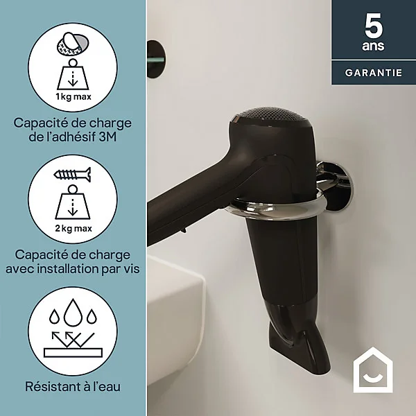 Porte sèche-cheveux en acier inoxydable chromé Cavally GoodHome