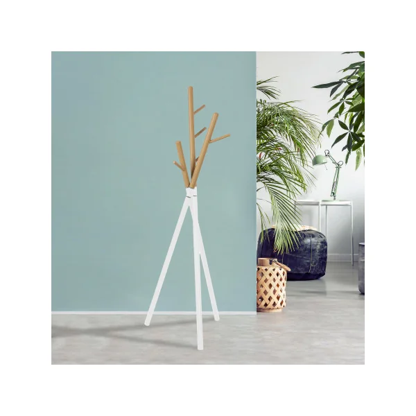Portemanteau Acier Blanc Finition Bois Design 49 x 49 x 172 cm