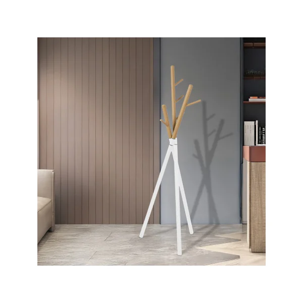 Portemanteau Acier Blanc Finition Bois Design 49 x 49 x 172 cm