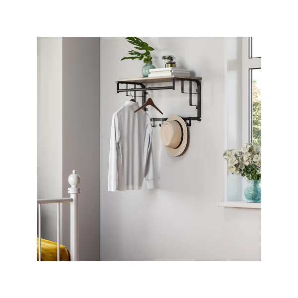 Portemanteau Mural Grège et Noir avec Etagère de Rangement 5 Crochets