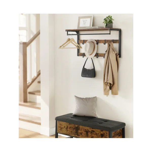 Porte-manteau Mural Marron Rustique et Noir avec 10 Crochets et Etagère