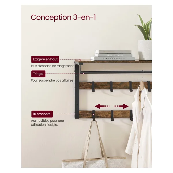 Porte-manteau Mural Marron Rustique et Noir avec 10 Crochets et Etagère