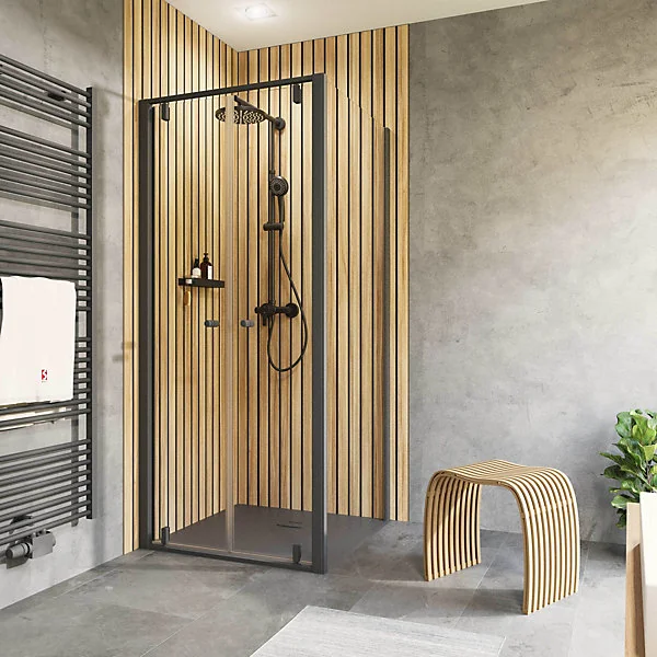 Portes de douche battantes avec paroi latérale 80 x 80 cm, verre anticalcaire, profilé noir mat, Schulte Impériale Trend 2.0