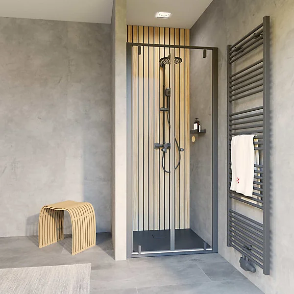 Portes de douche battantes en niche 100 x 200 cm, verre anticalcaire, profilé noir mat, Schulte Impériale Trend 2.0