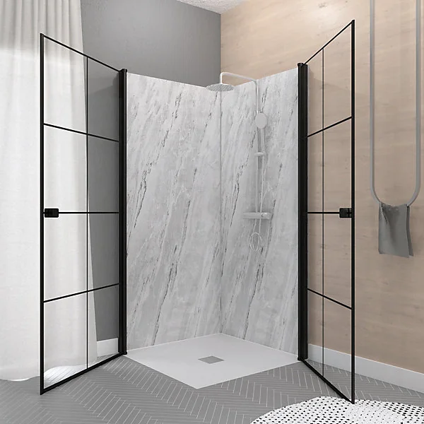 Portes de douche en angle 90 x 90 x 190 cm, motifs carrés et profilés noir, Galedo Clean Line