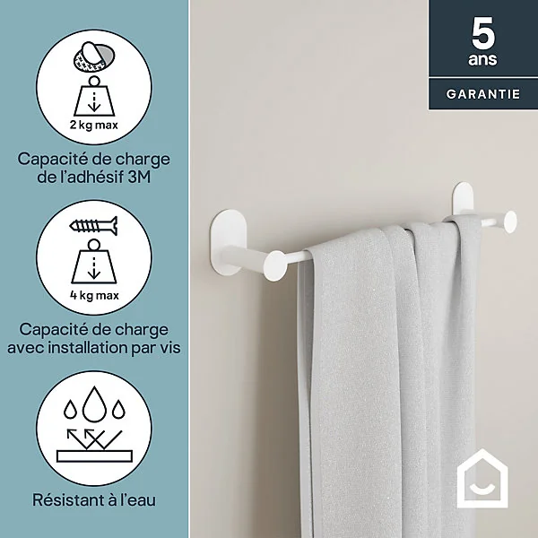 Porte-serviettes mural en acier inoxydable blanc l.40 cm Cavally GoodHome