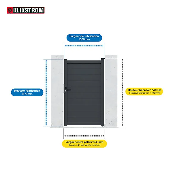 Portillon battant Neva aluminium gris anthracite RAL 7021 l.100 x H.168 cm Klikstrom