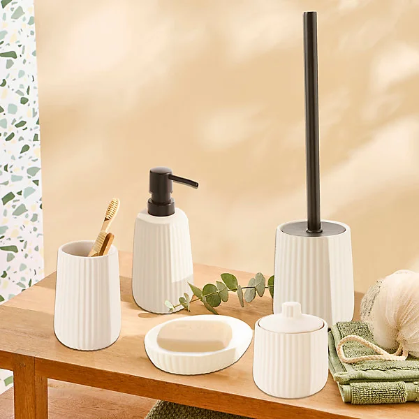 Pot à coton avec couvercle en céramique beige strié Ø9 x H.9 cm, Levasseur Dune