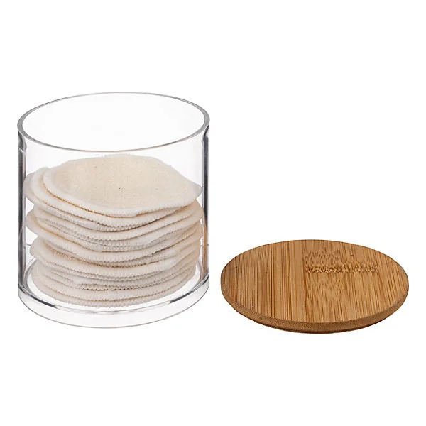 Pot à coton salle de bain transparent avec couvercle, l.9,6cm x P.9,7cm H.9,7cm, Five Simply Smart Selena + 14 cotons lavables