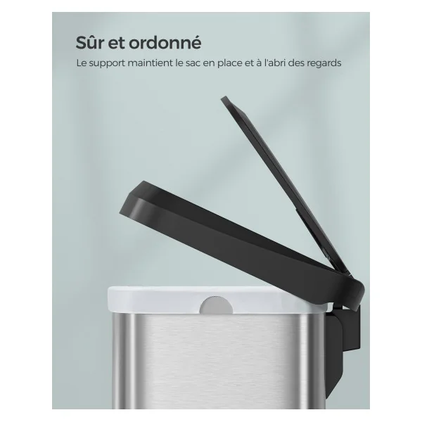 Poubelle Cuisine 50L Argent et Noir Poubelle à Pédale en Métal avec Couvercle Grande et Haute
