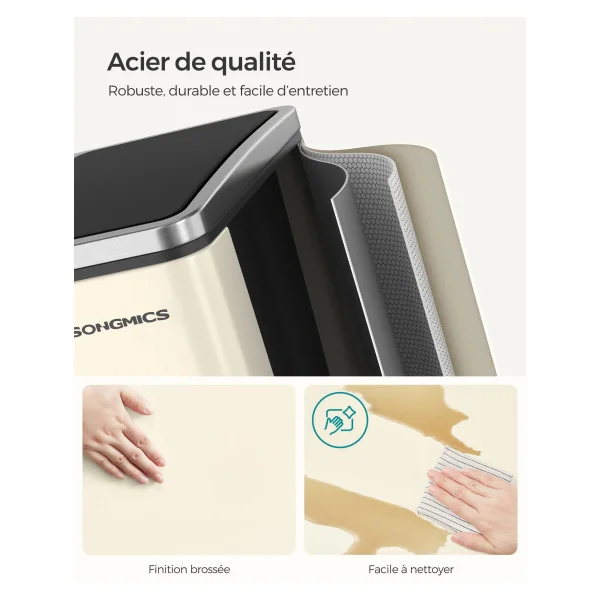Poubelle de Cousine 2x15 L à Pédale Beige avec 2 Seaux Intérieurs