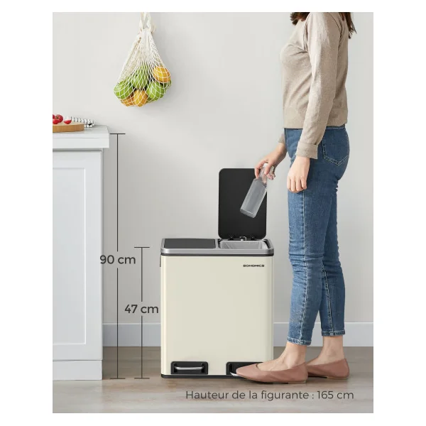 Poubelle de Cousine 2x15 L à Pédale Beige avec 2 Seaux Intérieurs
