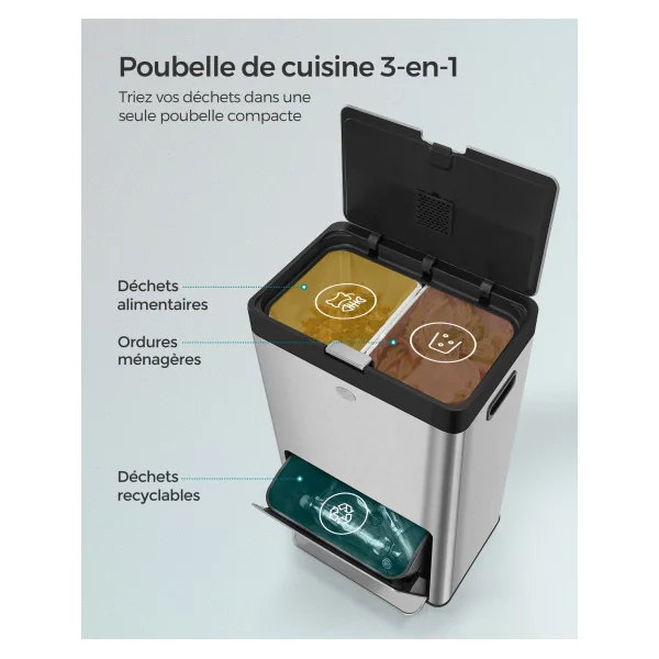 Poubelle de Cuisine 3 Compartiments Argent 2x17 L + 26 L 3 Compartiments pour Ordures Ménagères