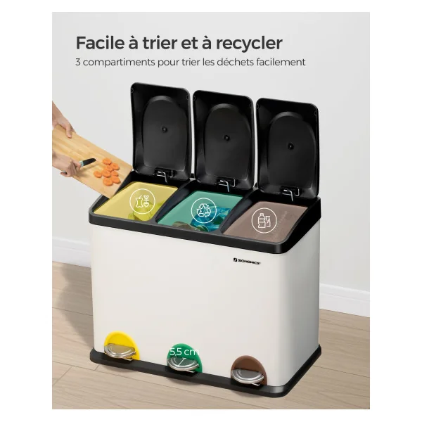Poubelle de Cuisine Banche Poubelle de Tri à 3 Compartiments 3x15L