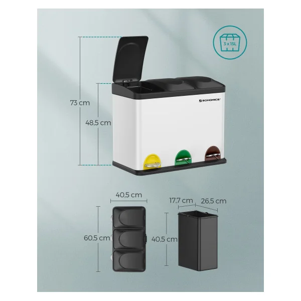 Poubelle de Cuisine Banche Poubelle de Tri à 3 Compartiments 3x15L