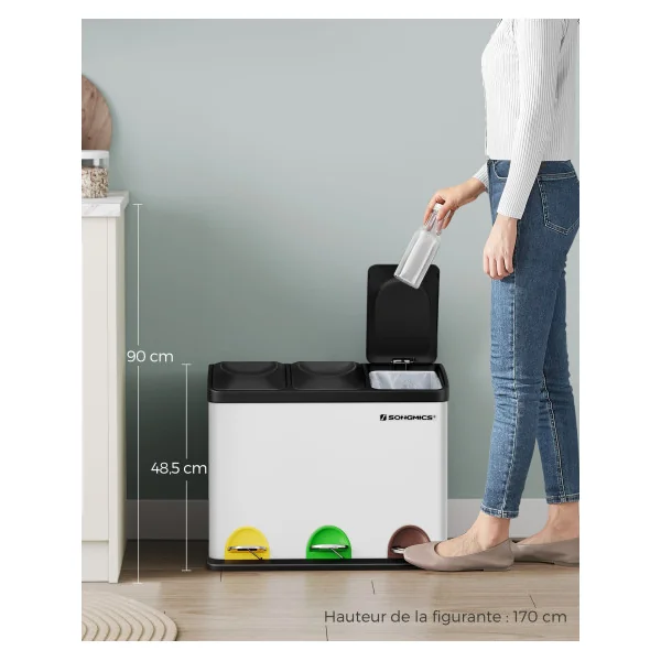 Poubelle de Cuisine Banche Poubelle de Tri à 3 Compartiments 3x15L