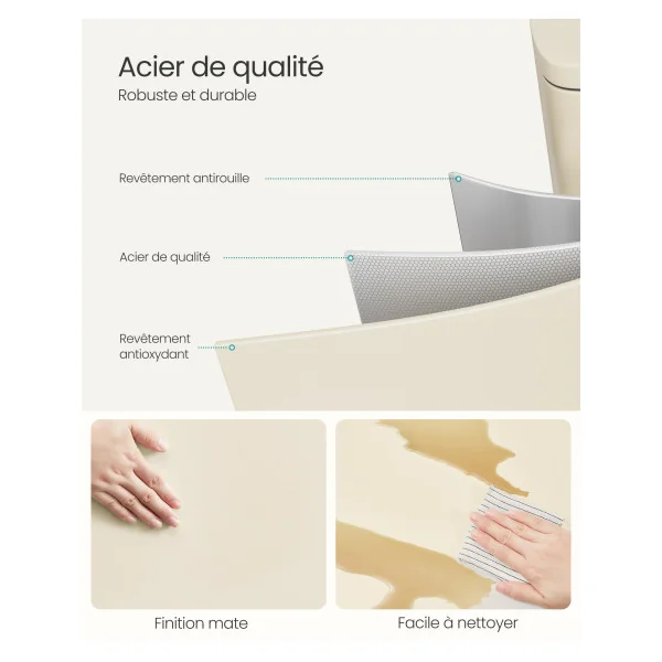 Poubelle de Cuisine en Acier 50L en Beige Sable avec Seau Intérieur en Plastique