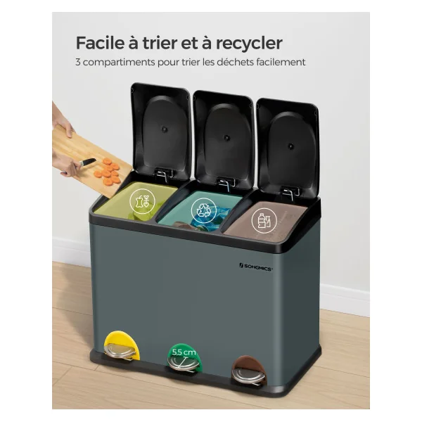 Poubelle de Cuisine Gris Verdâtre Noir Poubelle de Tri à 3 Compartiments 3x15L