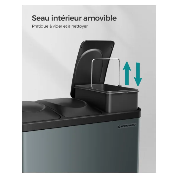 Poubelle de Cuisine Gris Verdâtre Noir Poubelle de Tri à 3 Compartiments 3x15L