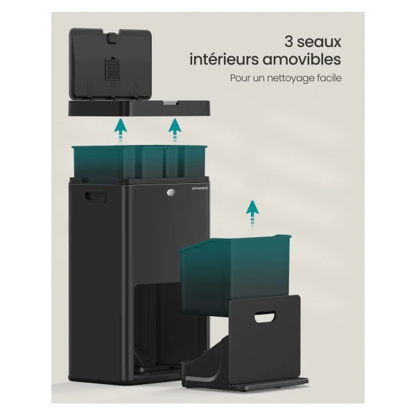 Poubelle de cuisine Noir 2x17 L et 26 L avec 3 Compartiments pour Ordures Ménagères