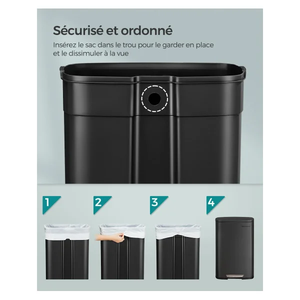 Poubelle de Cuisine Noir 50L Pédale en Acier avec Seau Intérieur en Plastique