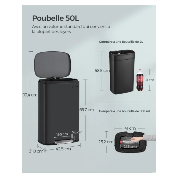 Poubelle de Cuisine Noir 50L Pédale en Acier avec Seau Intérieur en Plastique