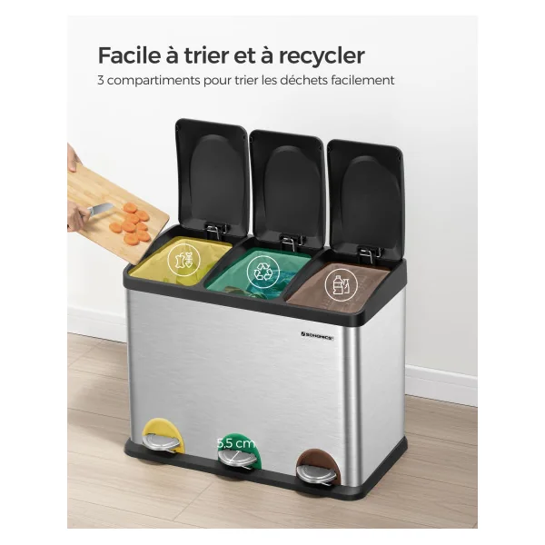 Poubelle de Cuisine Poubelle de Tri à 3 Compartiments 3x15L