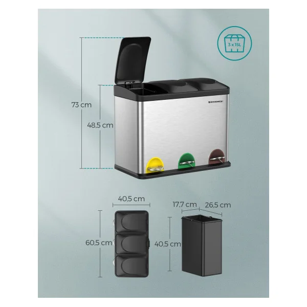 Poubelle de Cuisine Poubelle de Tri à 3 Compartiments 3x15L