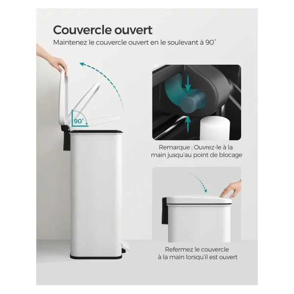 Poubelle de Cuisine à Pédale en Acier 40L Blanc avec Couvercle